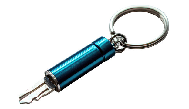 Blue metal key holder with key exposed on a silver keychain