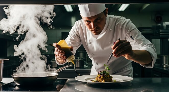Culinary Maestro in Action: A skilled chef meticulously crafts a gourmet dish in a bustling kitchen, adding the final touches to his culinary creation.