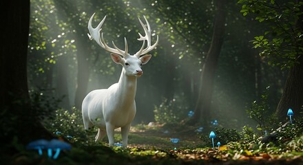 Majestic White Deer in Enchanted Forest - A Symbol of Purity and Grace.