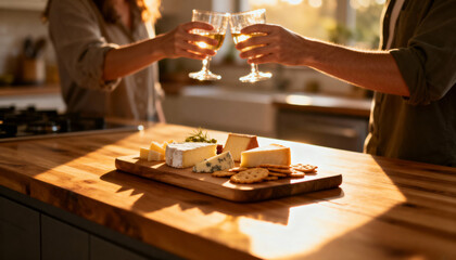 Couple toasting with white wine over a cheese board in warm afternoon light, symbolizing connection, slow living, and the intimate joy of sharing simple gourmet moments at home.