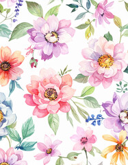 Watercolor floral pattern with pastel blossoms and green leaves on white background, vintage botanical seamless design for wallpaper, packaging, or invitation