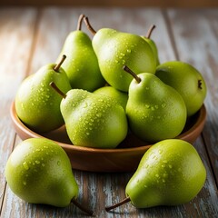 Fresh Green Pears in Wooden Bowl - A Healthy and Delicious Fruit.