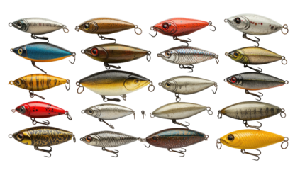Assorted vintage fishing lures displayed in organized rows