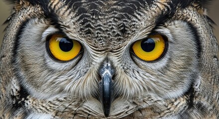 Fototapeta premium Close Up Owl Face Yellow Eyes Intense Stare