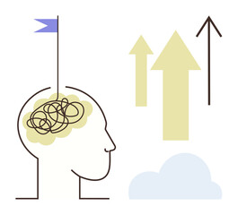 Linear head outline with tangled thoughts and goal flag, rising arrows for progress and growth, cloud for clarity and insight. Ideal for innovation, mindfulness, development, focus, problem-solving