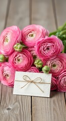 Pink Ranunculus Bouquet with Gift Card on Wooden Surface.