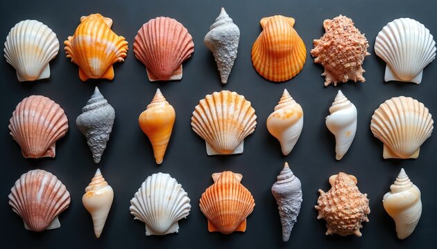 Colorful seashells lay on dark background. Diverse shapes, sizes, textures of sea shells neatly arranged. White, orange, grey ocean shells highlight marine nature beauty. Collection shows ocean life.