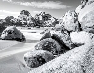 A tranquil grayscale scene of a beach with smooth, flowing water and large, rounded rocks under a cloudy sky