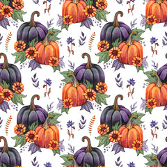 Autumn pumpkins seamless pattern. Sunflowers, flowers, leaves. Perfect for fall, Thanksgiving, holidays, fabric, textile. Seamless repeat swatch.