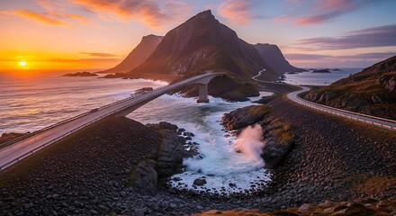 Scenic Lofoten Islands Road at Sunset - A Breathtaking Norwegian Landscape.
