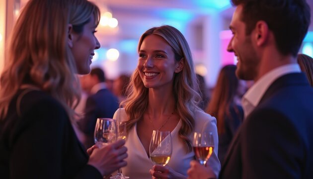 People socialize at elegant networking event with drinks. Professionals and smile in sophisticated gathering. Focus on connections made during business reception.