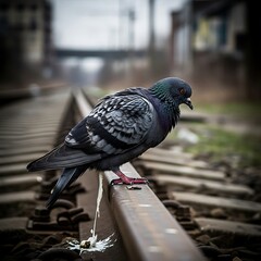 Pigeon Perched on Railroad Track with Droppings.