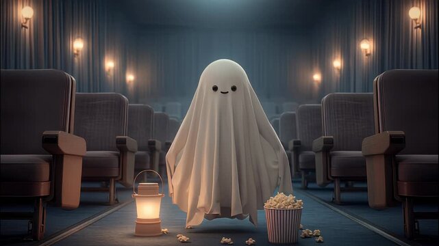 Ghost In An Empty Movie Theater At Night With Lantern Light 