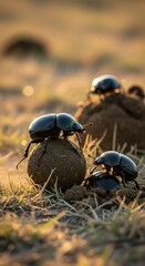 Dung Beetles Rolling a Dung Ball in the African Savannah.