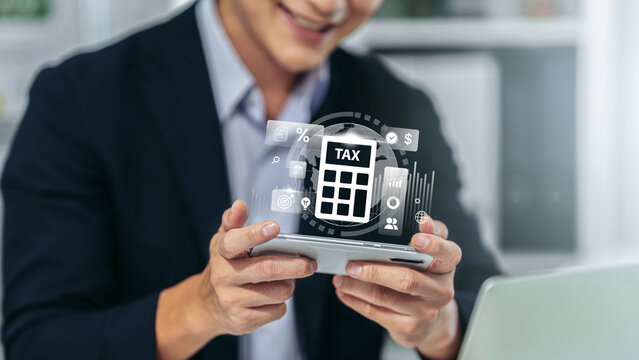 Professional man using smartphone calculating tax financial planning business management application modern office technology