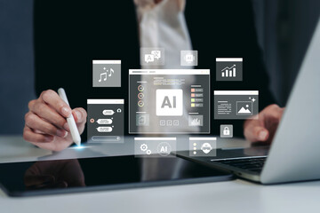 Business person hands interact artificial intelligence digital interface system using stylus tablet for data analysis innovation development technology solution global efficiency