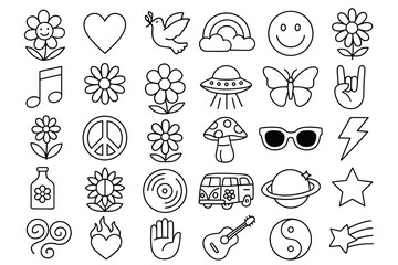 Obraz premium Collection of outline icons featuring flowers, peace symbols, stars, and music elements