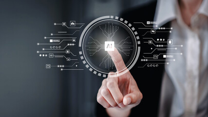 Businessperson activating artificial intelligence digital interface managing data network for technological innovation solutions future development