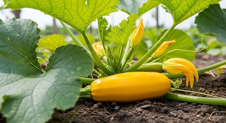 Yellow Zucchini Plant with Blossoms in Garden Soil.