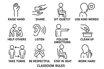 Classroom rules icons: raise hand, share, sit quietly, use kind words, help others
