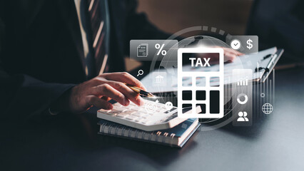 Business professional calculating tax finance data analysis using calculator digital report tools office desk management