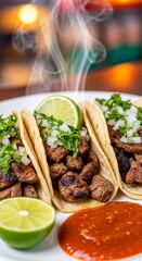 Delicious Street Tacos with Lime and Salsa on a White Plate.