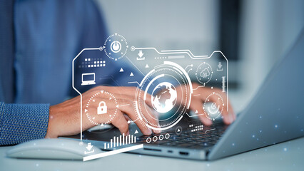 Professional user hands manage global digital data security networks using laptop technology interface for innovation and protection in office