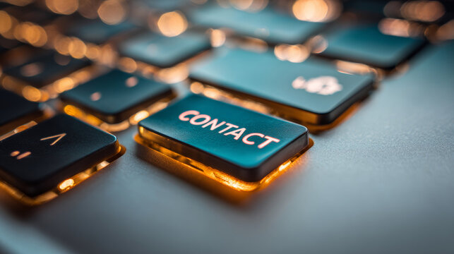 A close-up of a keyboard key that says 'Contact' in red letters, with the rest of the keys out of focus and lit up by ambient light