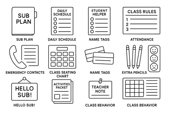 Classroom organization icons: sub plans, schedules, attendance tools, and class behavior management