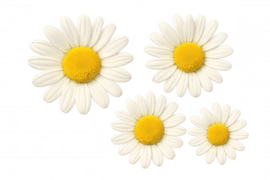 Daisy flower composition with white petals and yellow centers isolated on transparent background, symbolizing spring and freshness