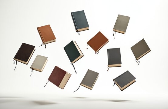 Multiple hardcover books in different colors fly through air against white background. Objects seem to fall float mid-air. Books represent knowledge, education, literature for various projects.