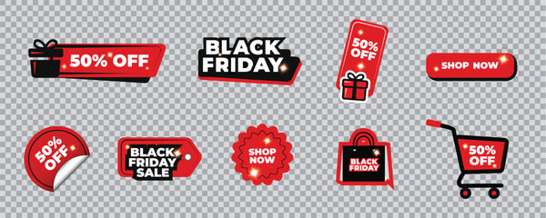Set of Black Friday vector stickers with special offers. Discounts, sales, buy now, 50%. Advertising and marketing design elements
