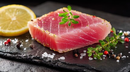 Fresh tuna fillet garnished with herbs and lemon, ready for cooking, set on a dark stone plate with seasoning