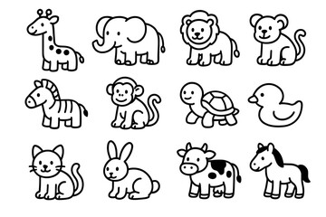 Naklejka premium Cute black and white cartoon animals collection: giraffe, elephant, lion, monkey, zebra, turtle, duck, cat, rabbit, cow, horse