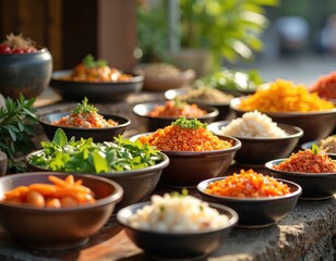 Fototapeta premium Small bowls of diverse colorful Asian food options displayed at outdoor food station. Fresh rice, lentils, vegetables ready for healthy meal. Vibrant buffet setup offers various dietary choices for