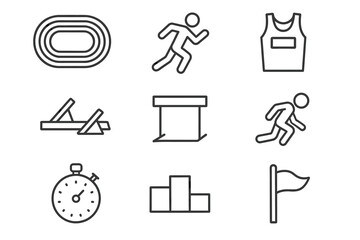 Track and field icons: running, stopwatch, podium, flag, and equipment