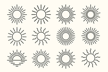 Collection of minimalist sun icons in various designs and line styles