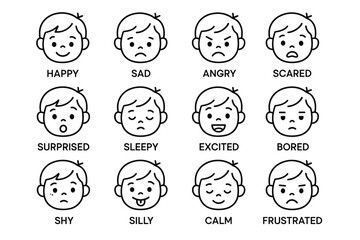 Cartoon boy expressions grid showing various emotions in black and white line art