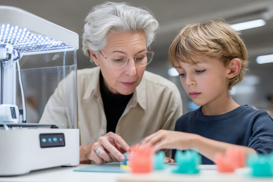 A woman and a child are using a 3D printer to create colorful objects together
