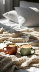 Cozy Morning - Two Cups of Coffee on a Knitted Blanket.
