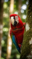 Scarlet Macaw Portrait - Vibrant Bird in Lush Rainforest Setting.