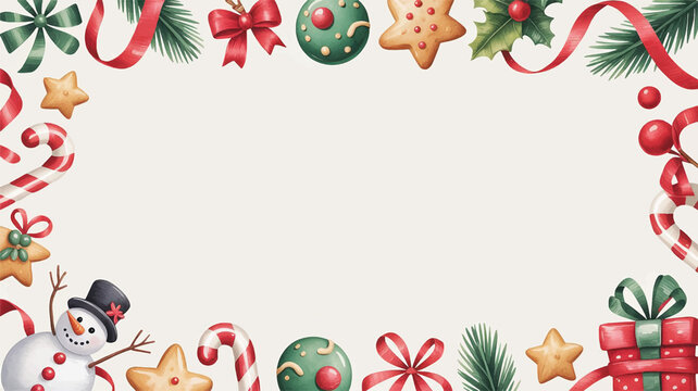 Hand-Painted Christmas Card with Cheerful Snowman and Playful Decorations