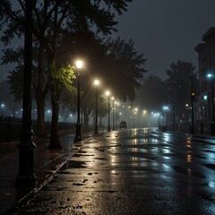 Quiet street illuminated by street lamps in a foggy night scene 