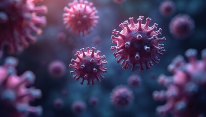 Viral particles floating in dark environment. Red, purple viruses visible. Microbiology pathogens shown. Virus cells examined. Medical science research conducted. Disease control studied.