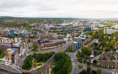 Aerial view from Sheffield city centre along the Sheffield Parkway road towards Darnall