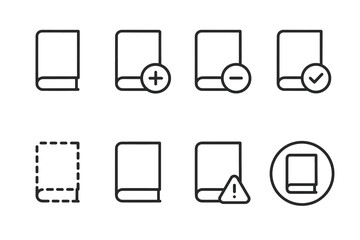 Minimalist book icons set: add, remove, alert, complete, placeholder, error