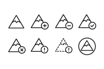 Mountain icon set: add, remove, alert, confirm variations in outline style