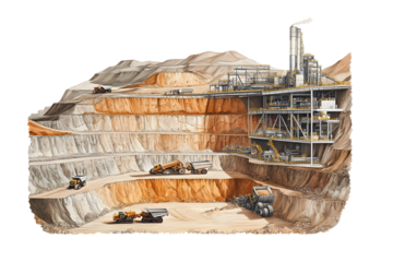 Cutaway illustration of a detailed open cast mine with machinery and infrastructure