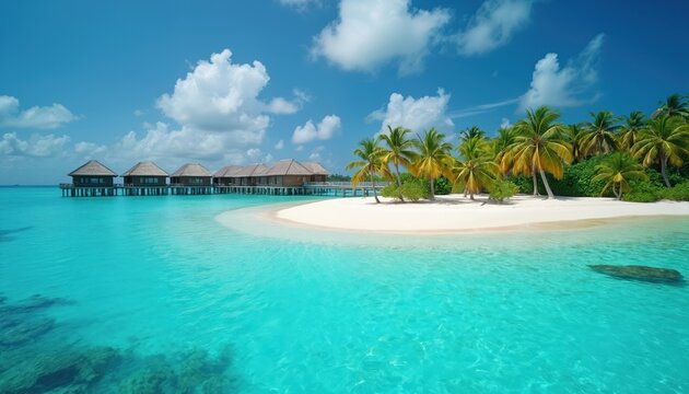 Serene tropical island paradise with overwater bungalows and palm trees on a white sand beach. Crystal clear turquoise ocean water laps the shore under a bright blue sky with fluffy clouds. - Powered by Adobe