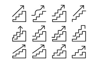 Set of staircase line icons with arrows indicating growth and progress